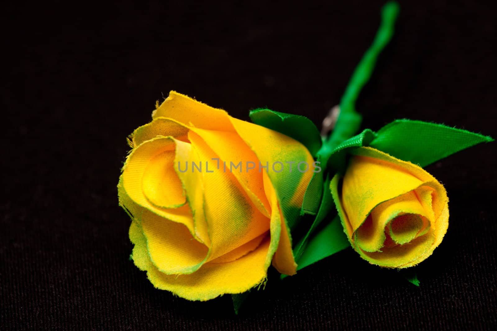 Two yellow artificial handmade roses on black background 
