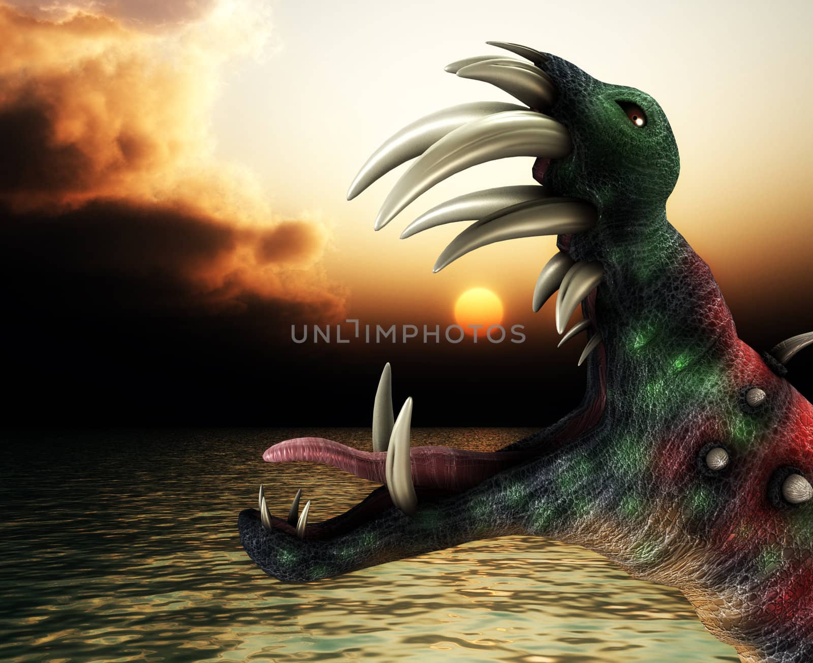 A horrible Halloween monster in a sea landscape.