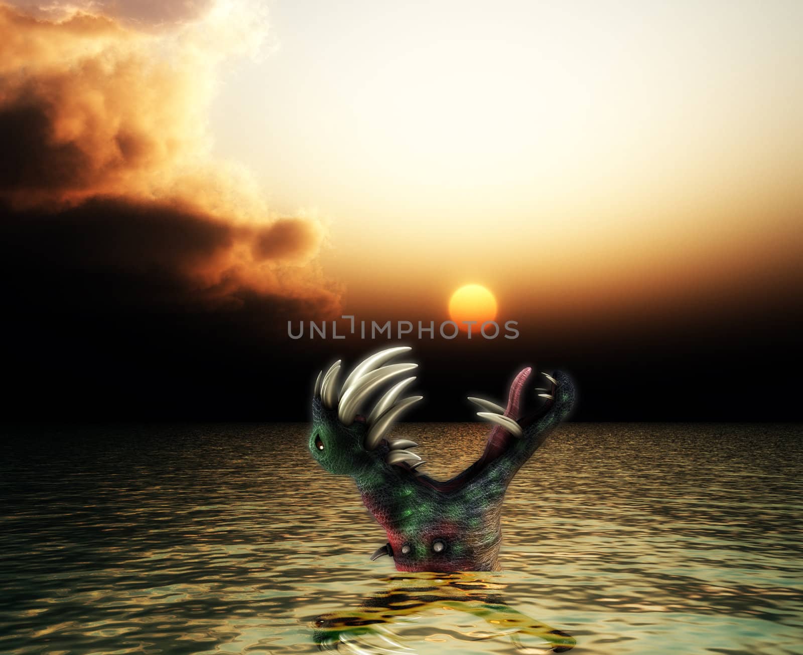 A horrible Halloween monster in a sea landscape.