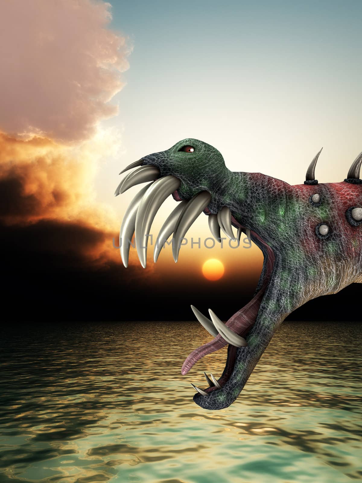 A horrible Halloween monster in a sea landscape.