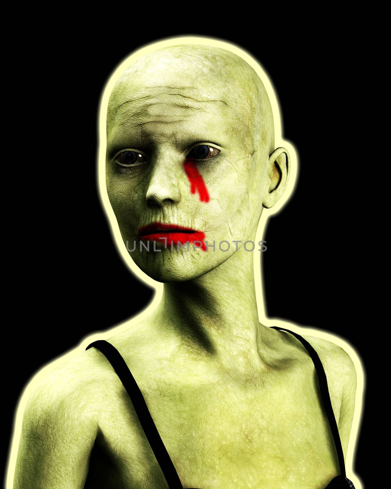 A close up of a bald zombie women.