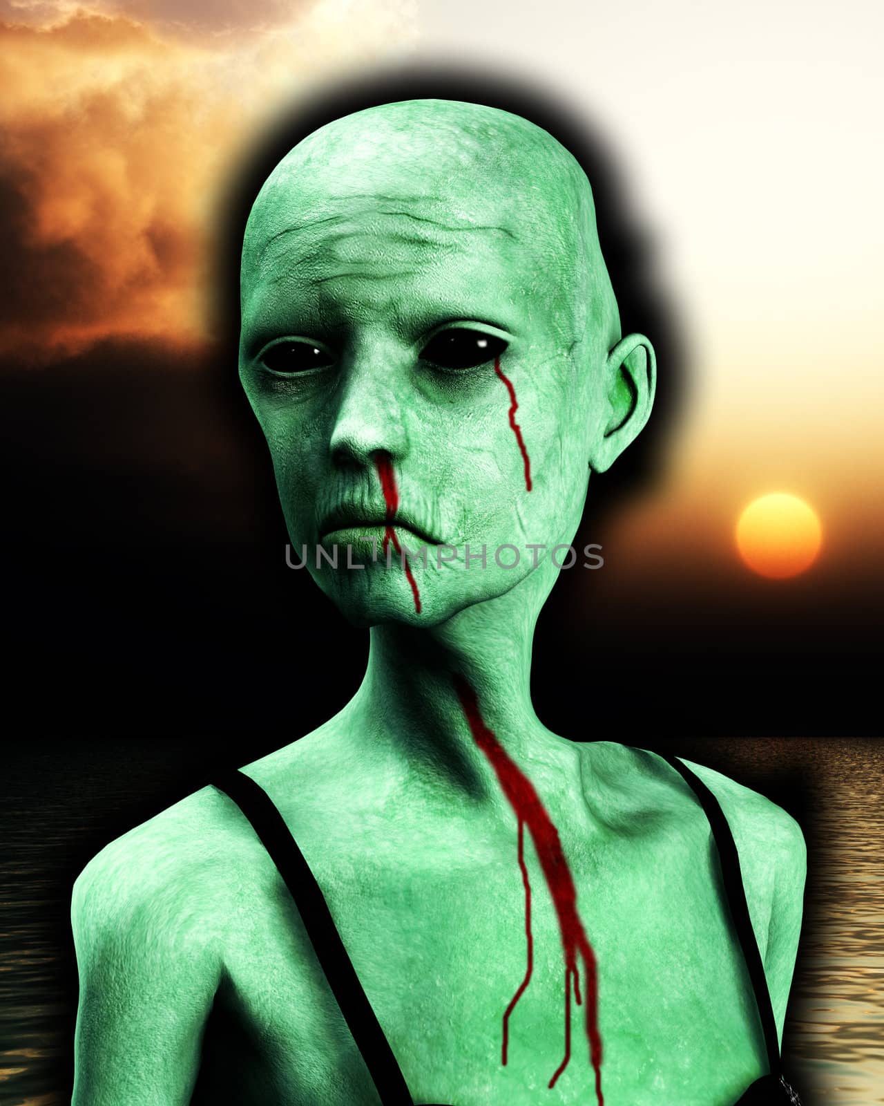 A close up of a bald zombie women.