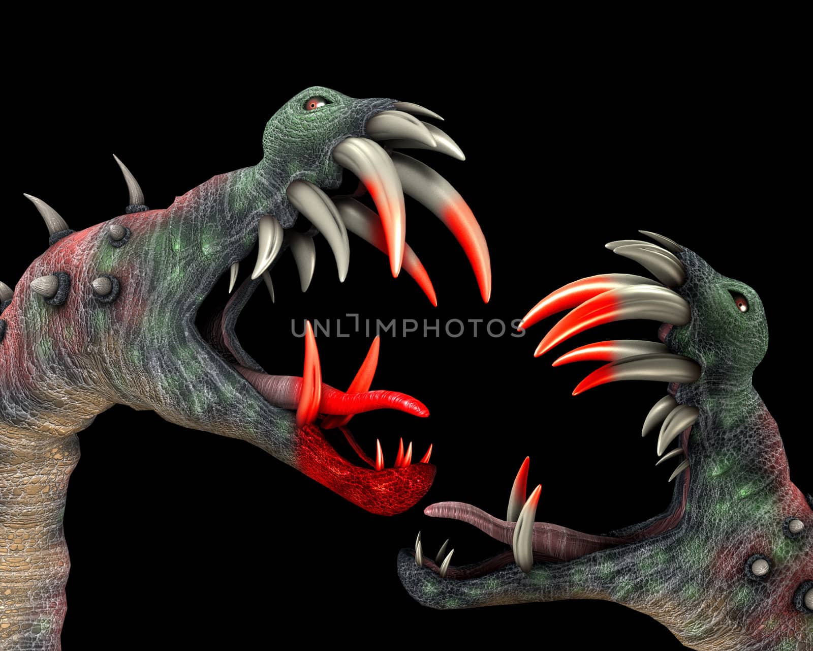 Two horrible Halloween monsters with big teeth.