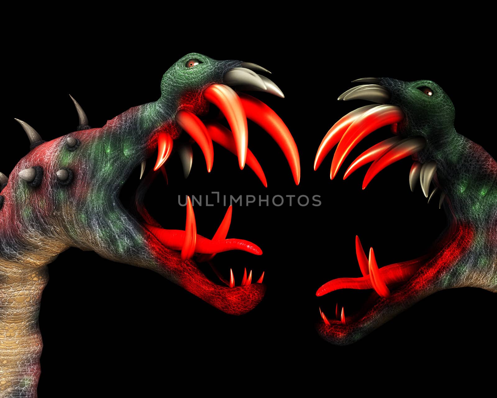 Two horrible Halloween monsters with big teeth.