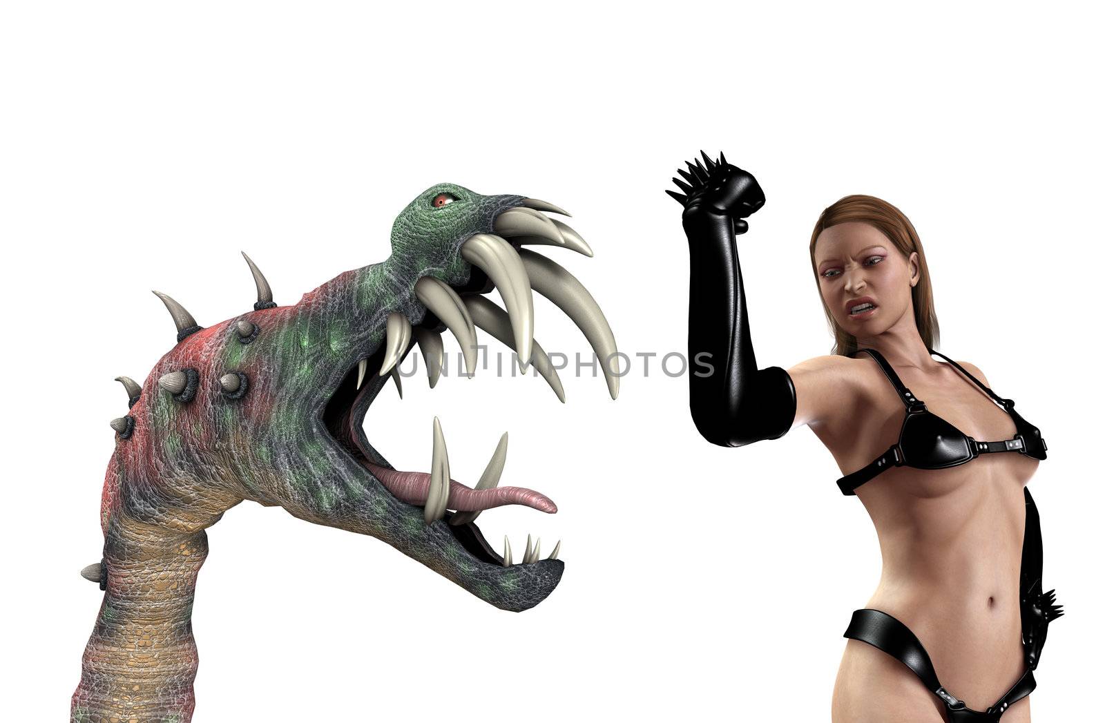 A sexy PVC women battling a vicious Halloween monster.