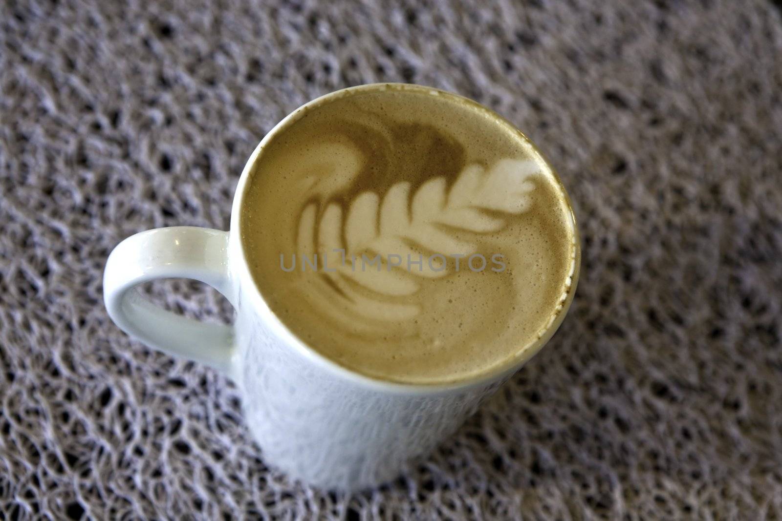 Cappucino in a white mug on a dark white texturewith a fern leaf motif in foam