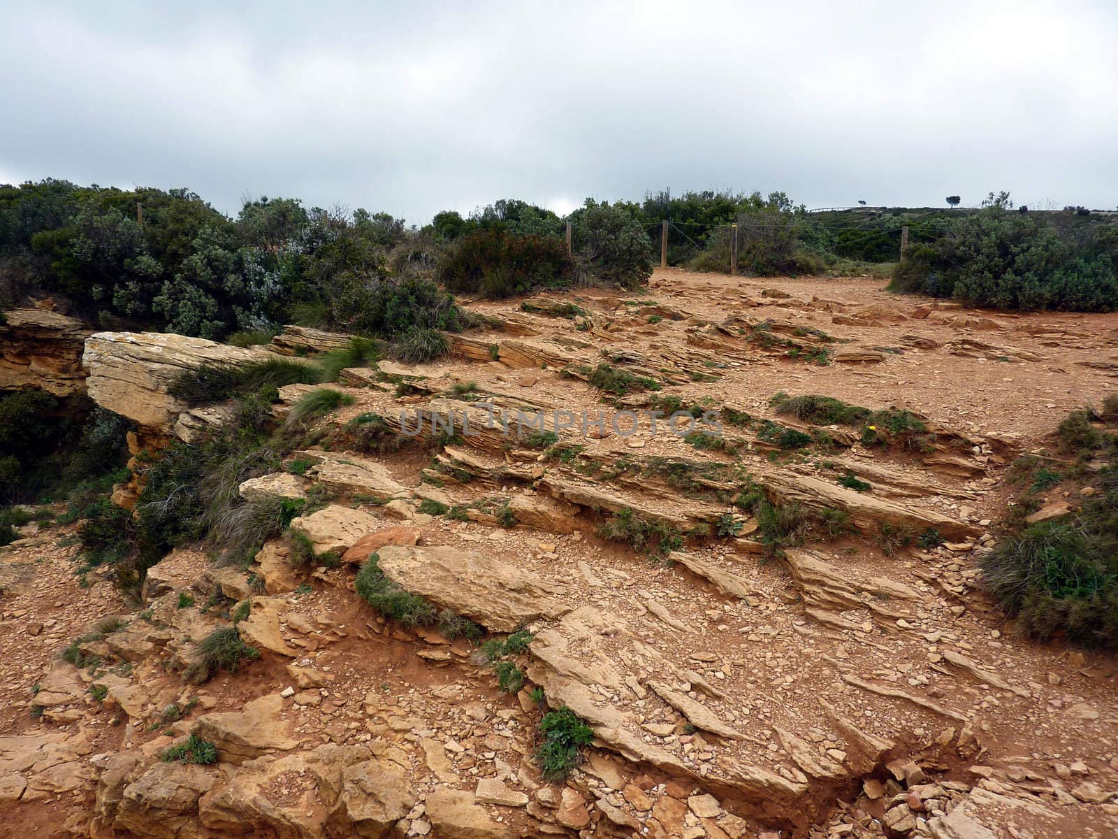 Red rocks like stairs and green vegetation in the mountain by cloudy weather