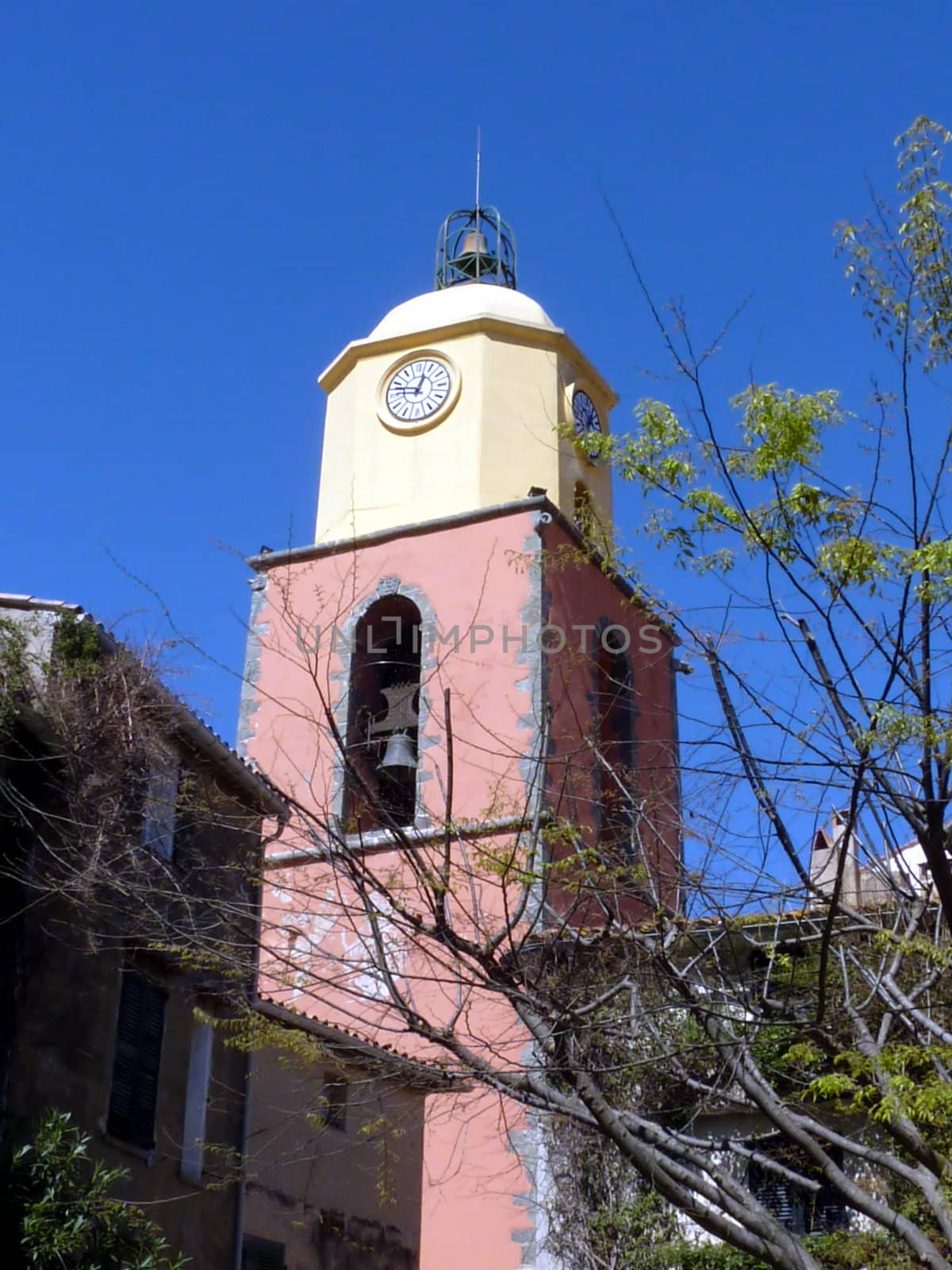 Famous pink bell tower in Saint-Tropez, France, behind branches of a tree by beautiful weather