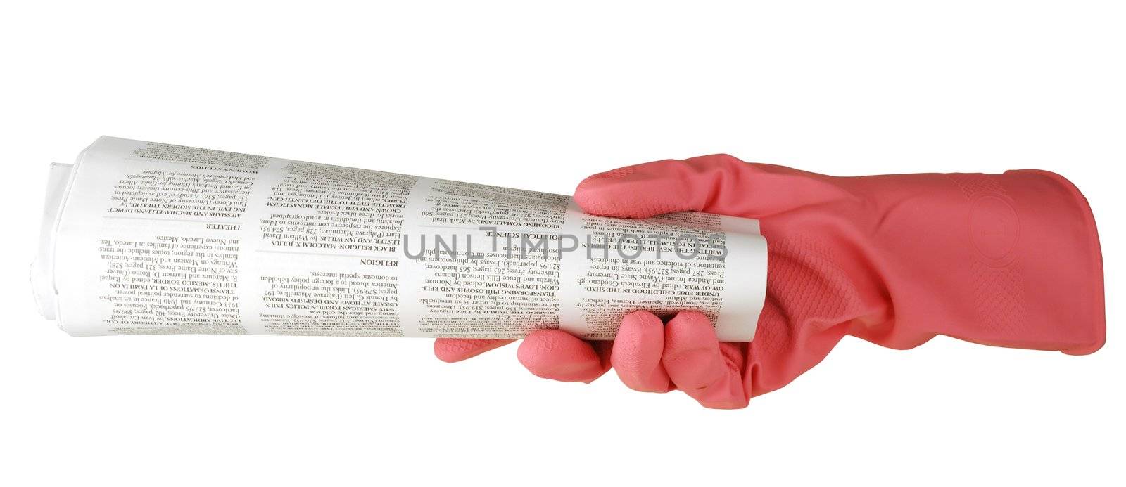 hand is in a pink glove holds the newspaper by Sergieiev