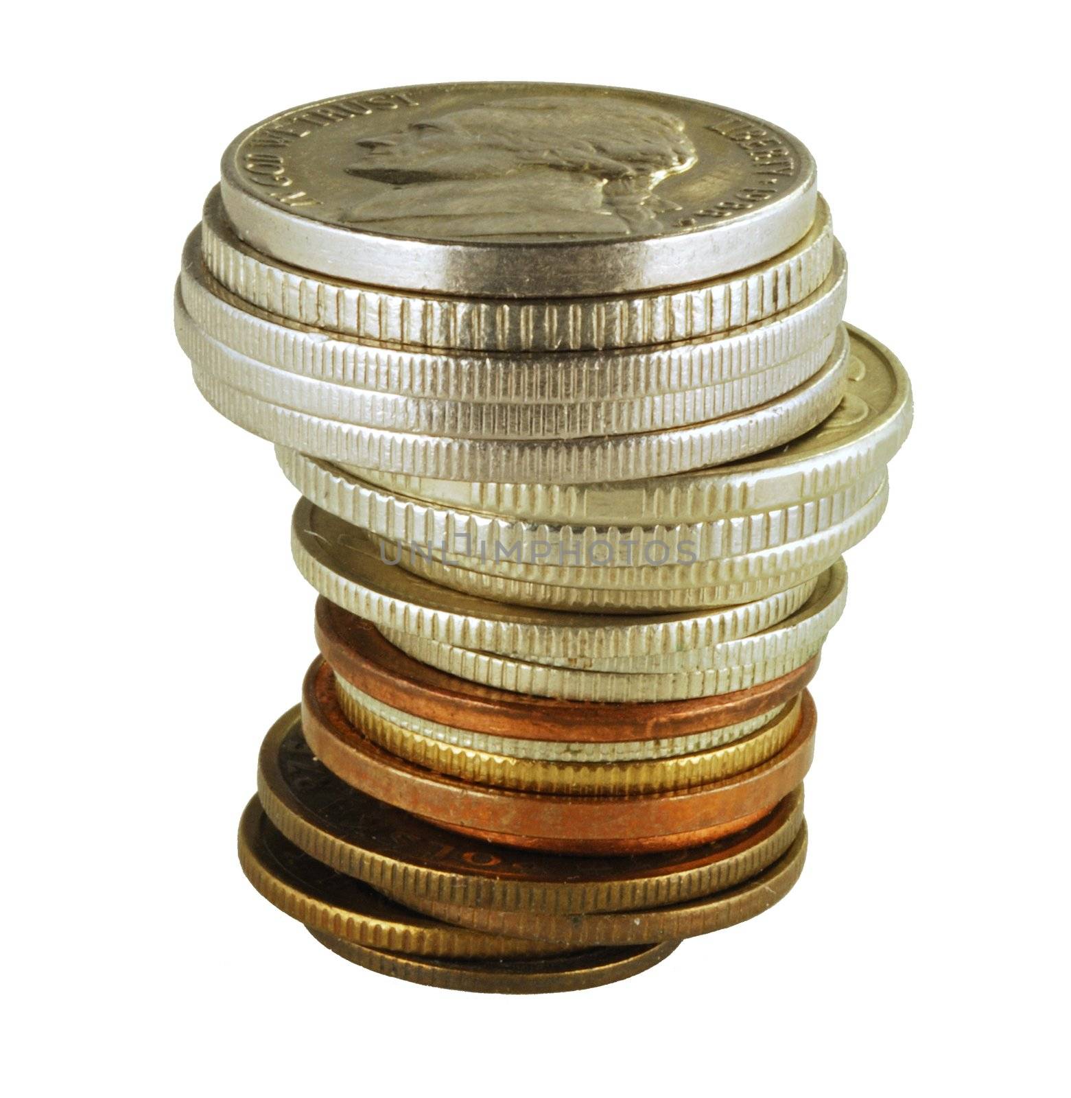 Coins tower on white background