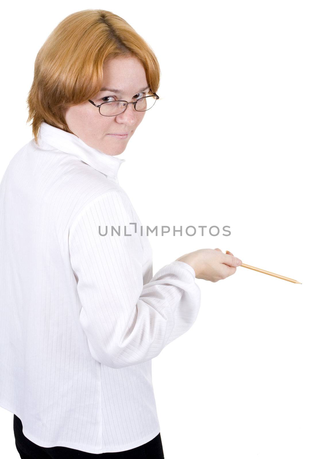 The woman in white clothes with a pencil in a hand