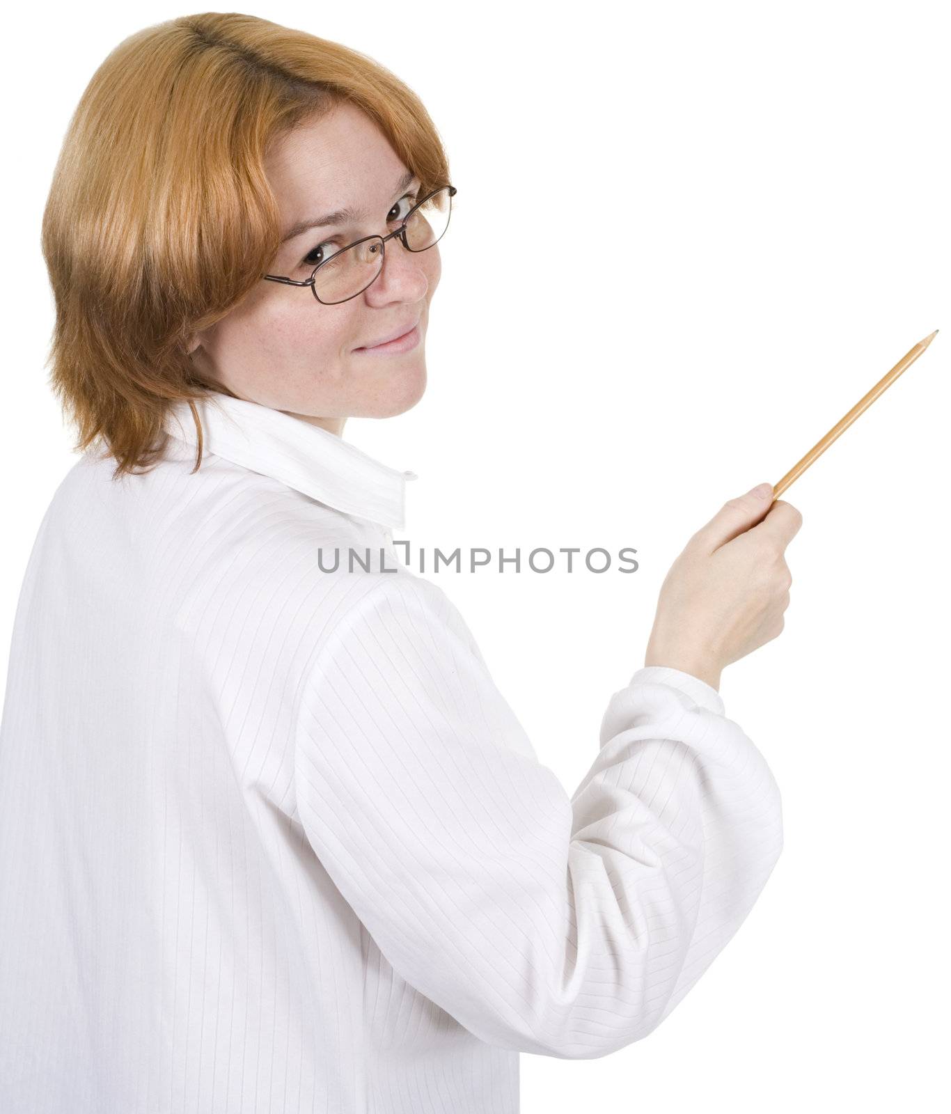 The woman in white clothes with a pencil in a hand