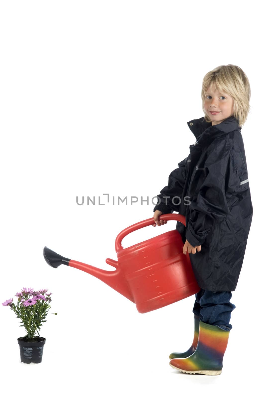 a boy is giving the plants some water