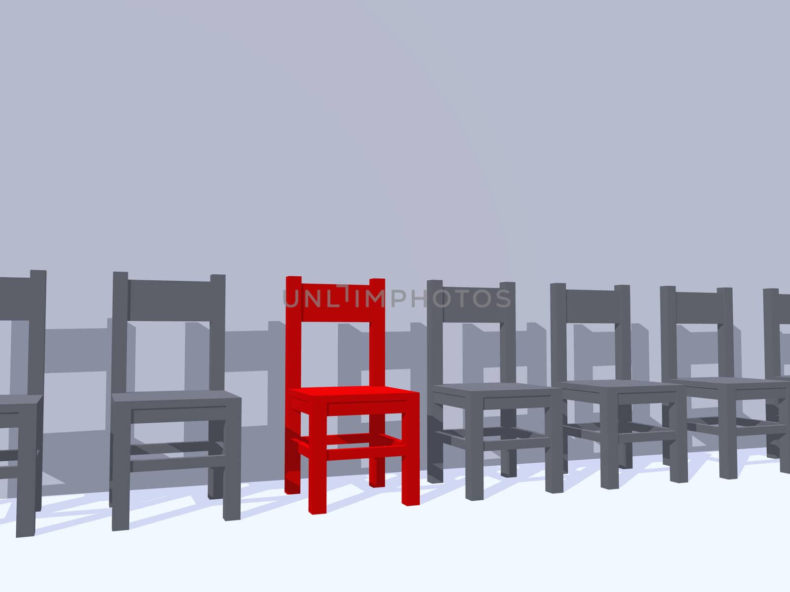 row of chairs, one in red - 3d illustration