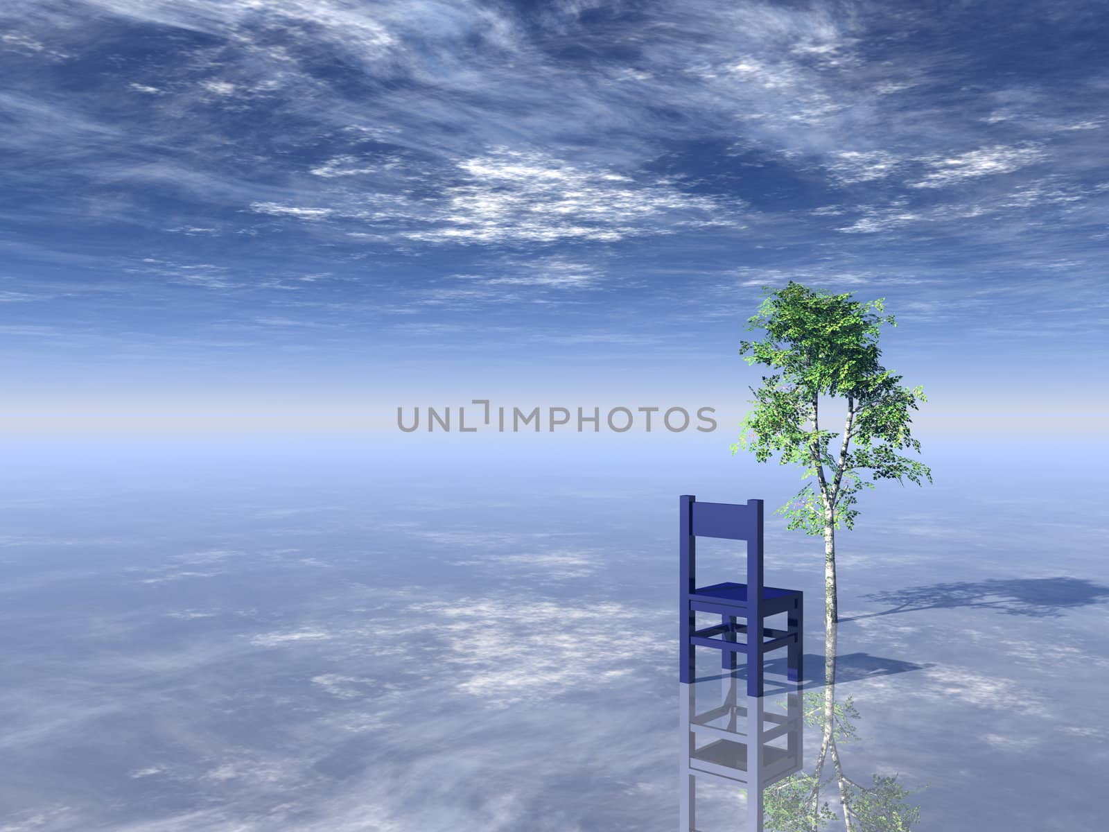 chair and tree on cloudy background - 3d illustration