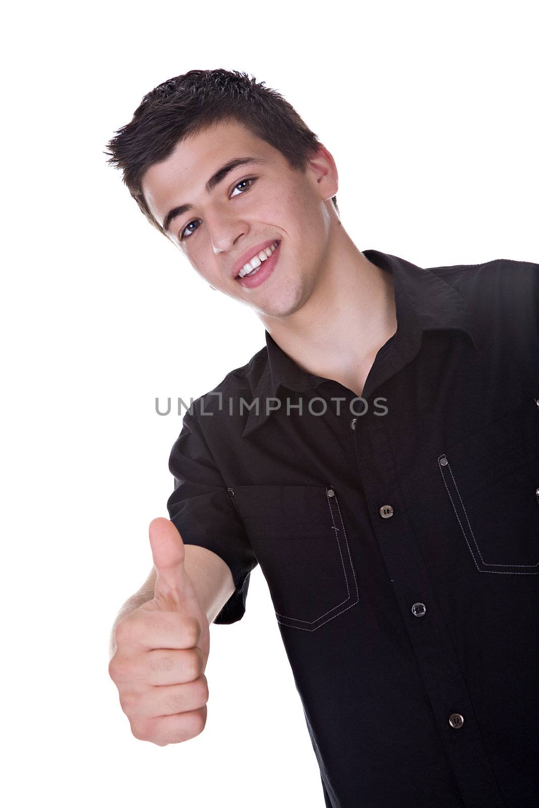 Portrait of a handsome young man, with a thumbs up gesture.