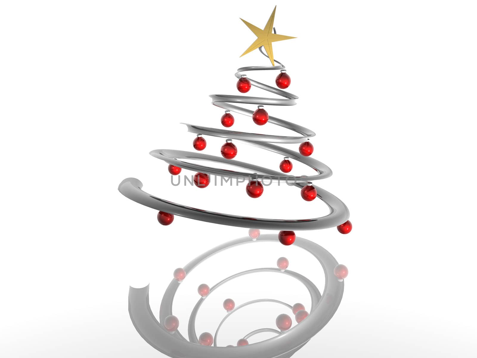 3D render of a shiny christmas tree with ornaments, with reflection.