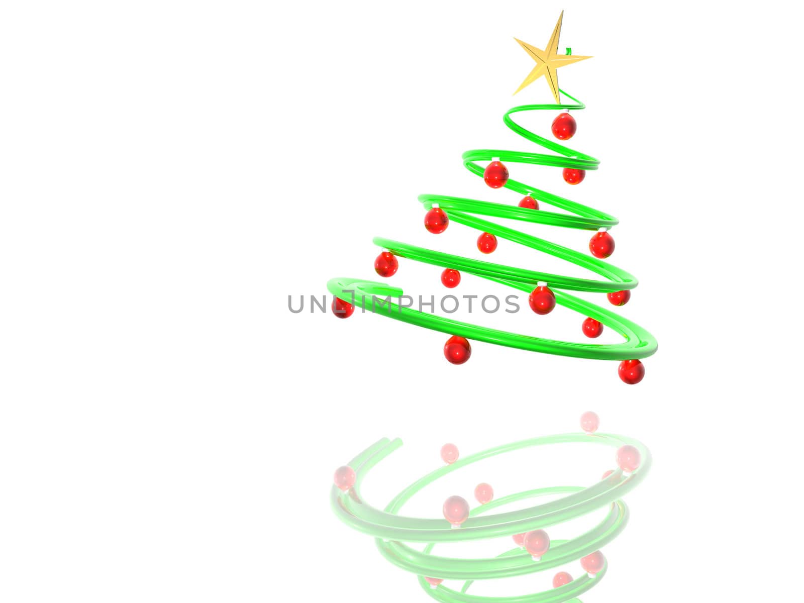 3D render of a shiny christmas tree with ornaments, with reflection.