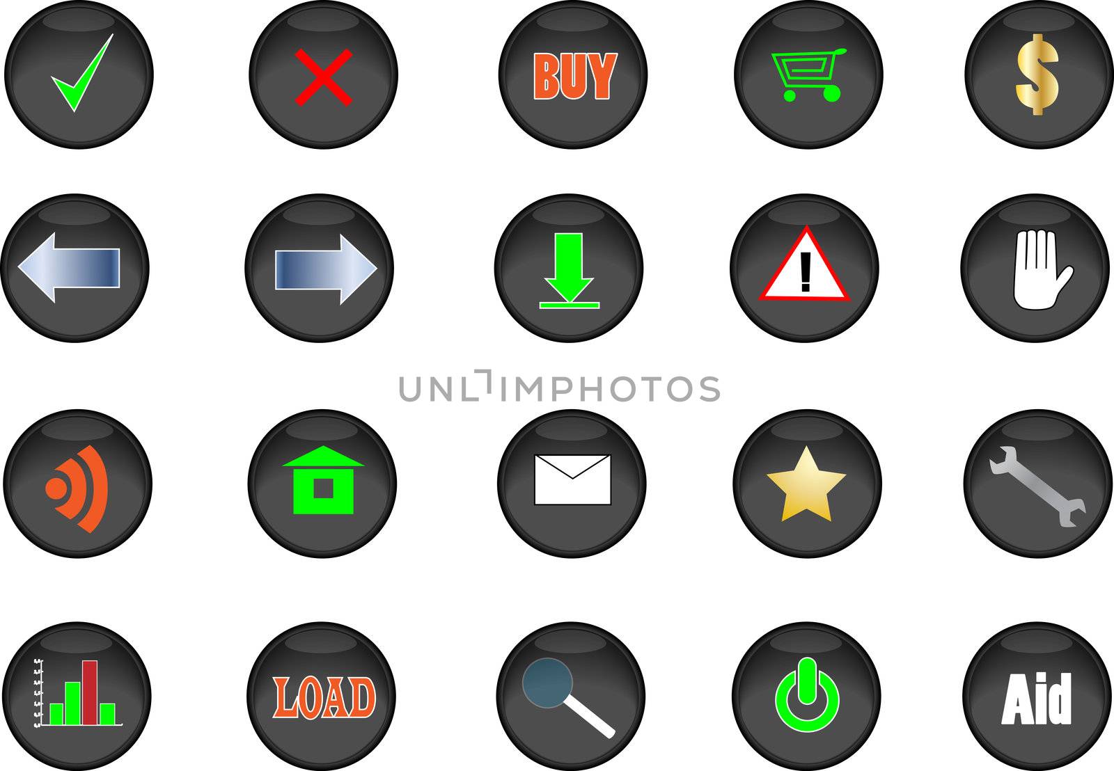 Set of twenty different black round buttons