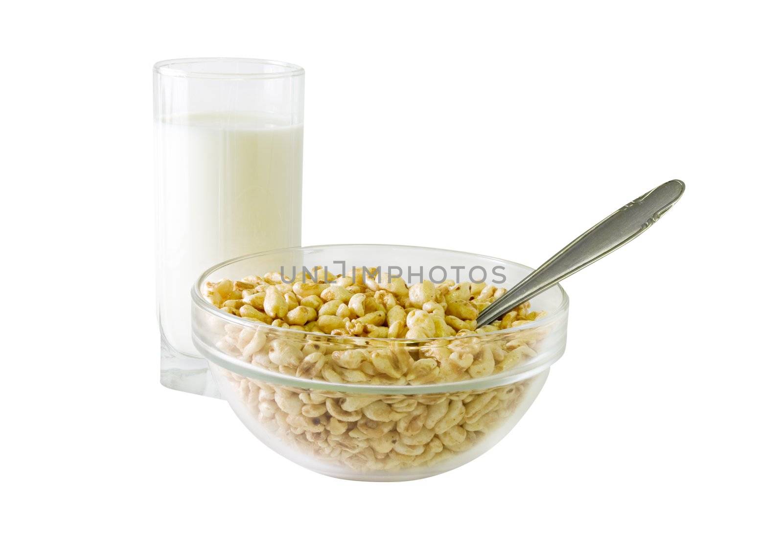 A glass of milk and a bowl of cereals