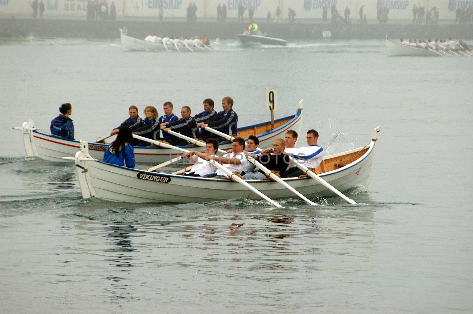 Faroese rowing championship finale at Olavs�ku (St. Olav's day) in Torshavn. The boats are the same type as the vikings used.