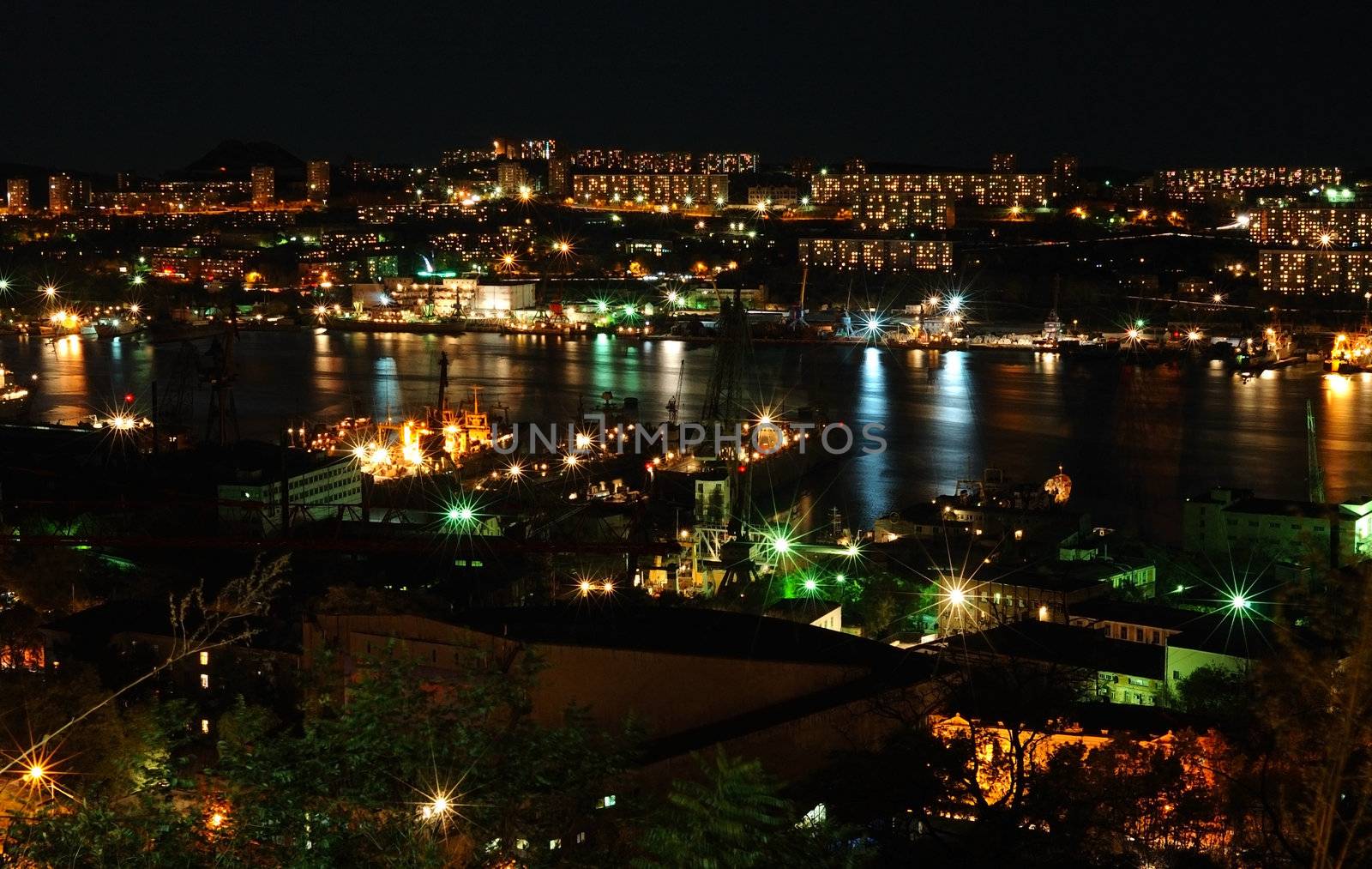 Night city landscape - view of Vladivostok lights.