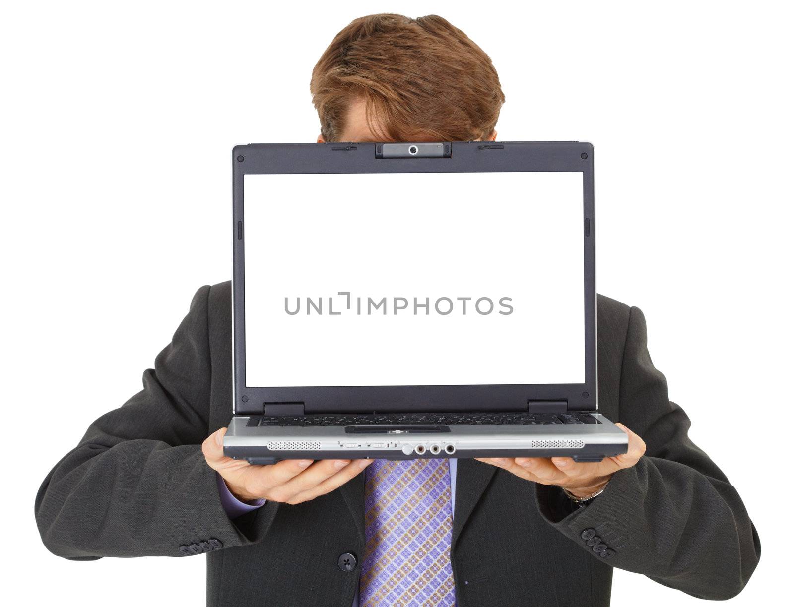 Office worker shows a computer screen, isolated on a white background