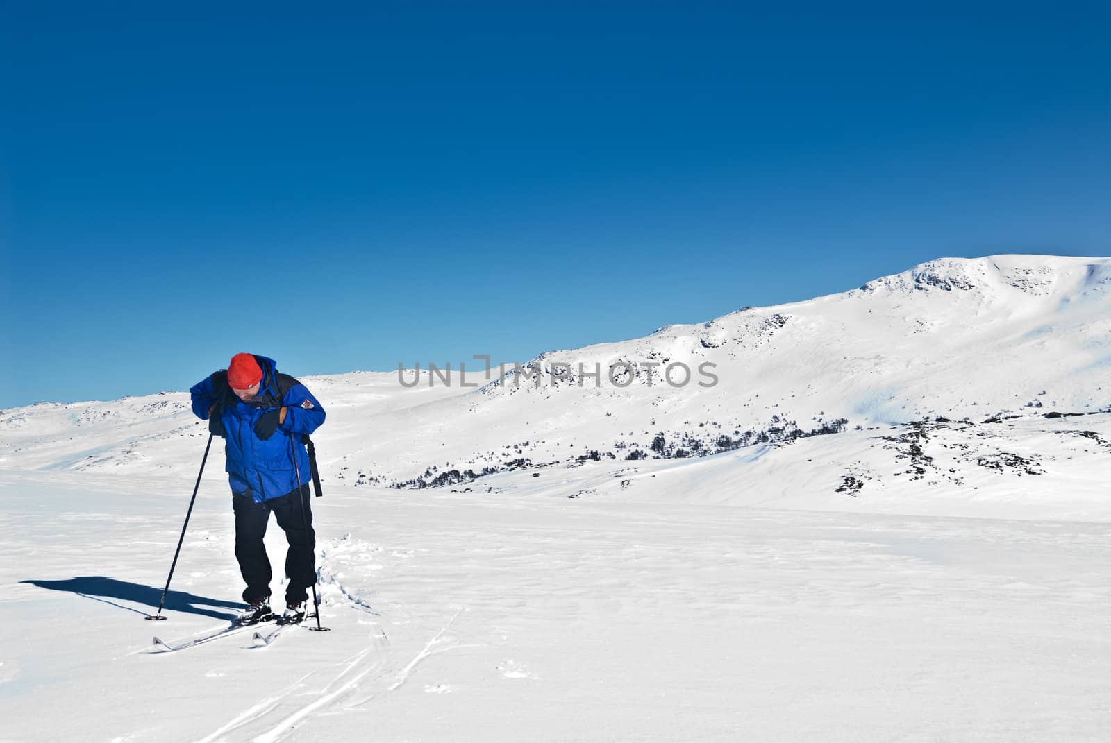Single skier resting. A typical Norwegian winter landscape as the beautiful background. Picture taken in Oppdal, Norway.