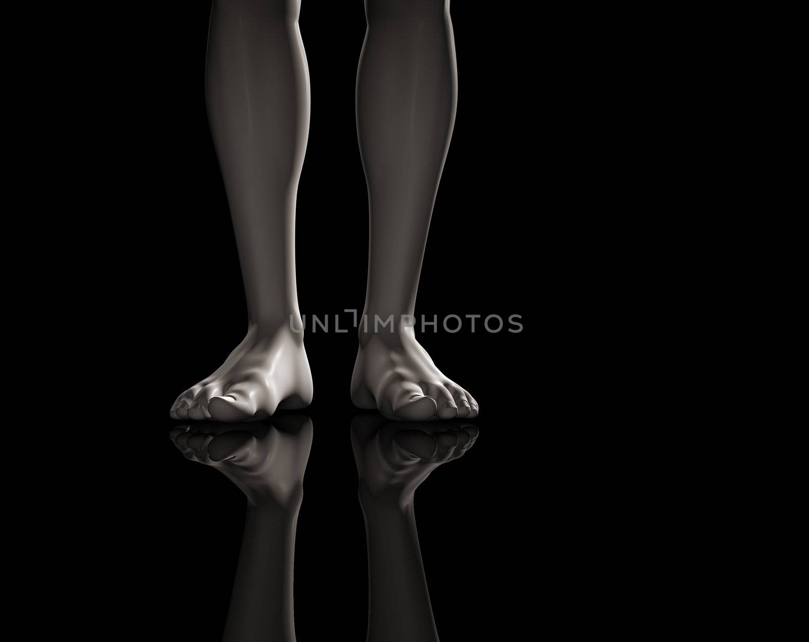 3d frontal image of a barefeet man isolated in a black background