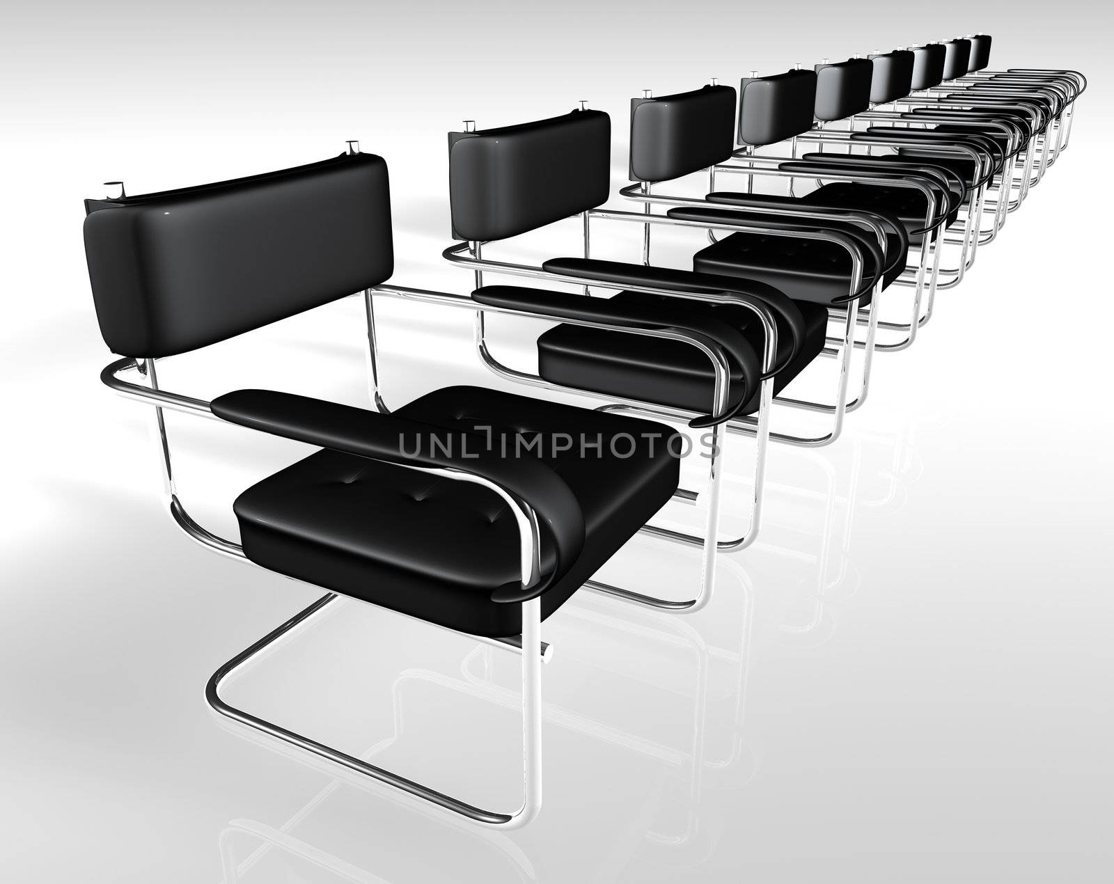 black office chairs in single file isolated in white background