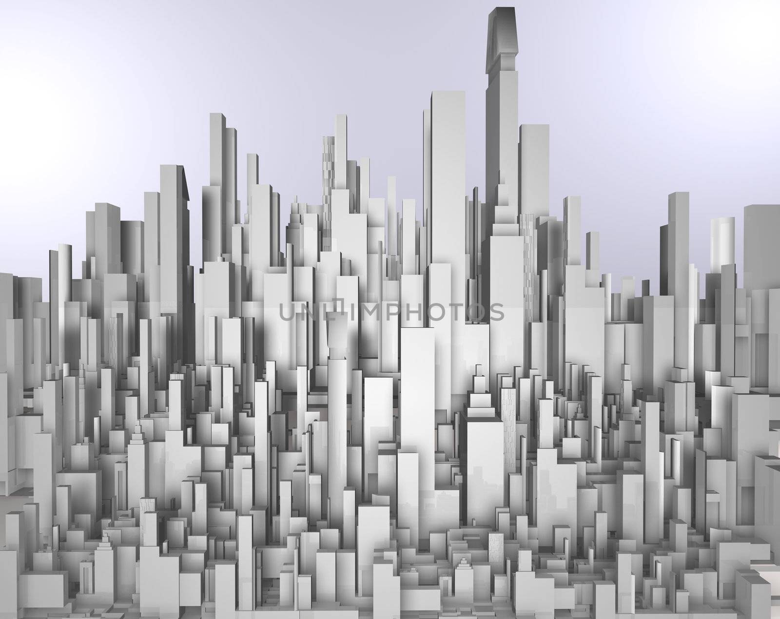 frontal 3d image of abstract white skyscraper
