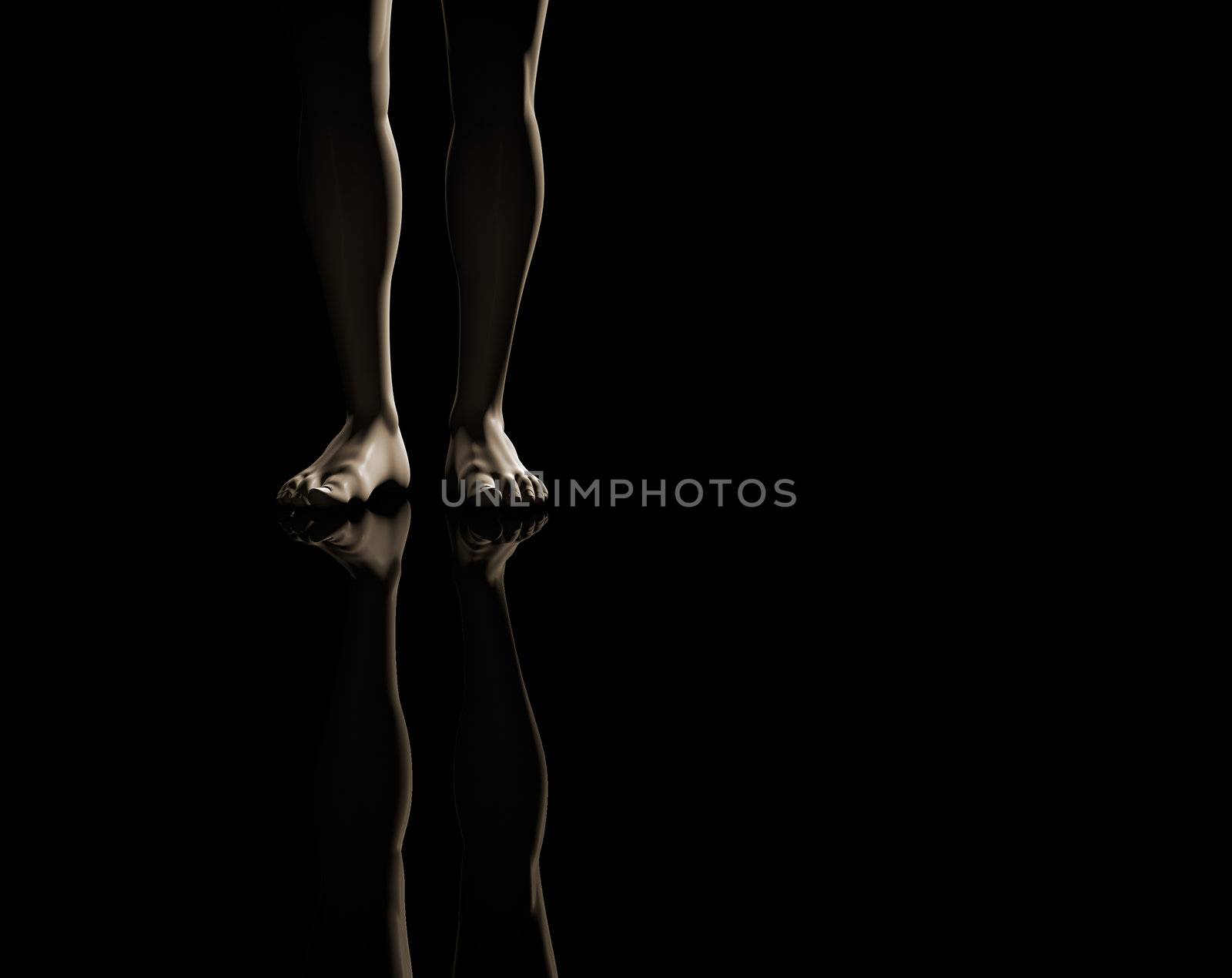 3d image of a barefeet man isolated in black background with dramatize ligth