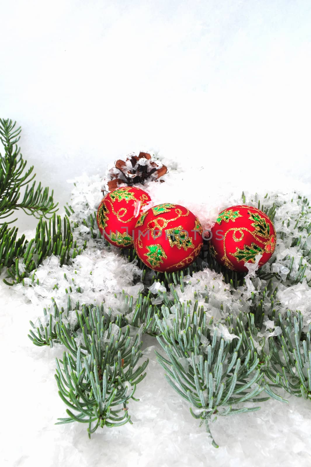 Christmas tree decorations on a pine tree branch