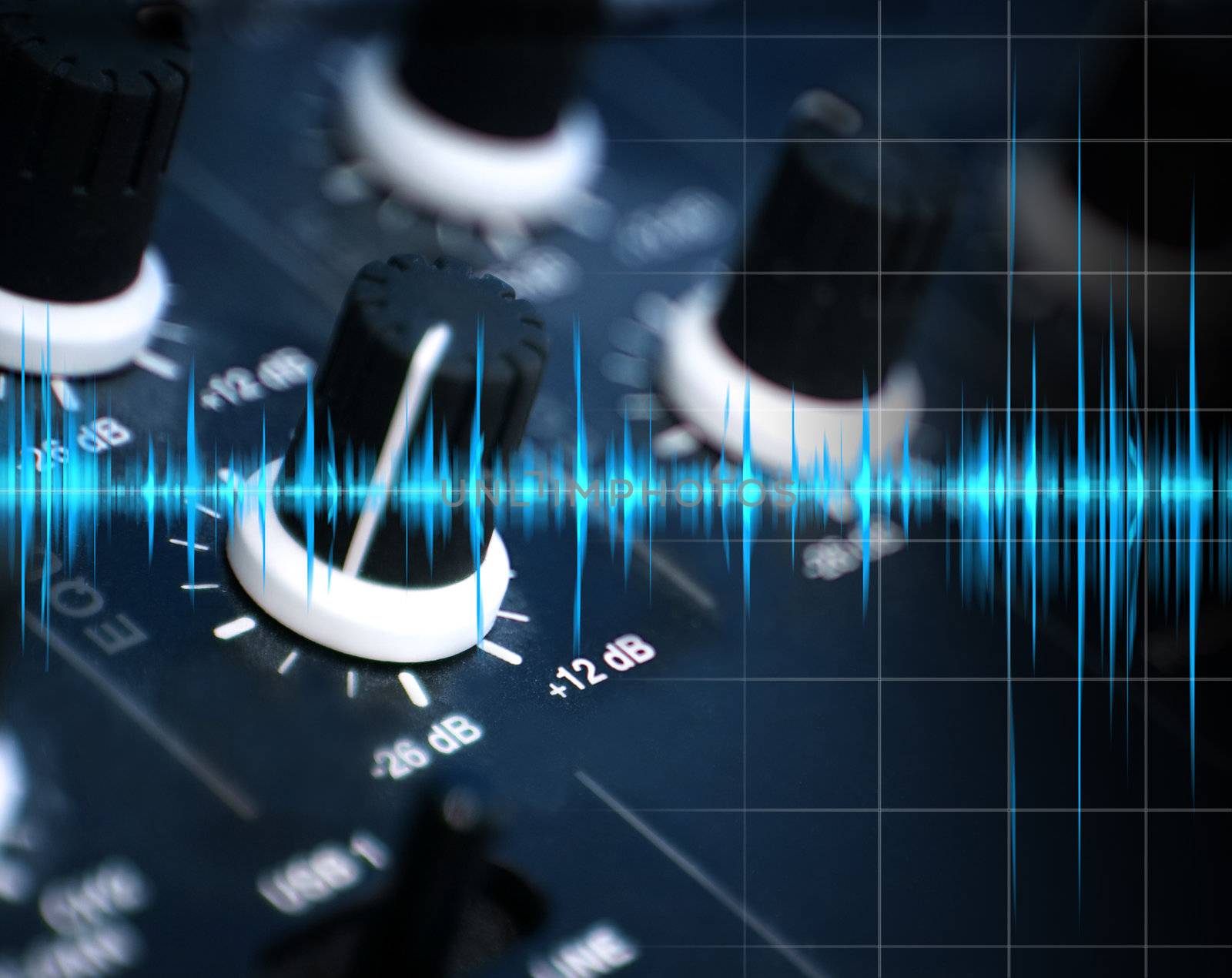 illustration of music or digital sound control panel of a mixer and sound waves