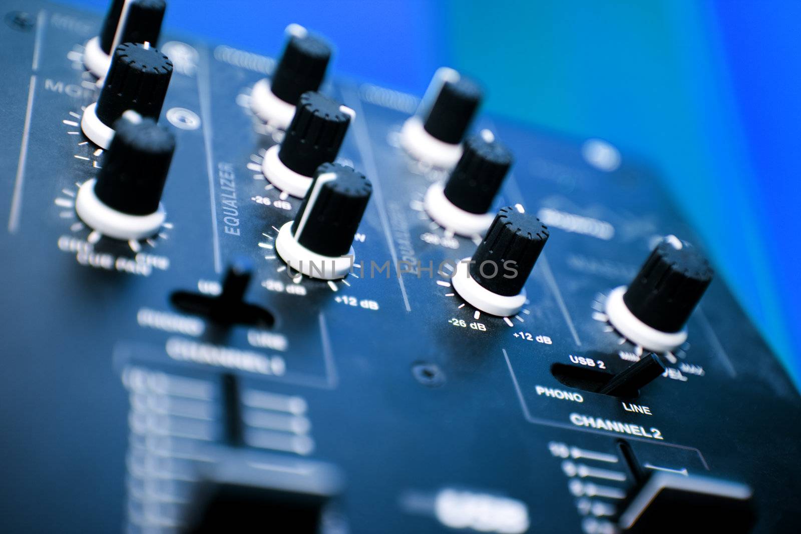 Close up of a panel control of a blue mixer table  in a studio