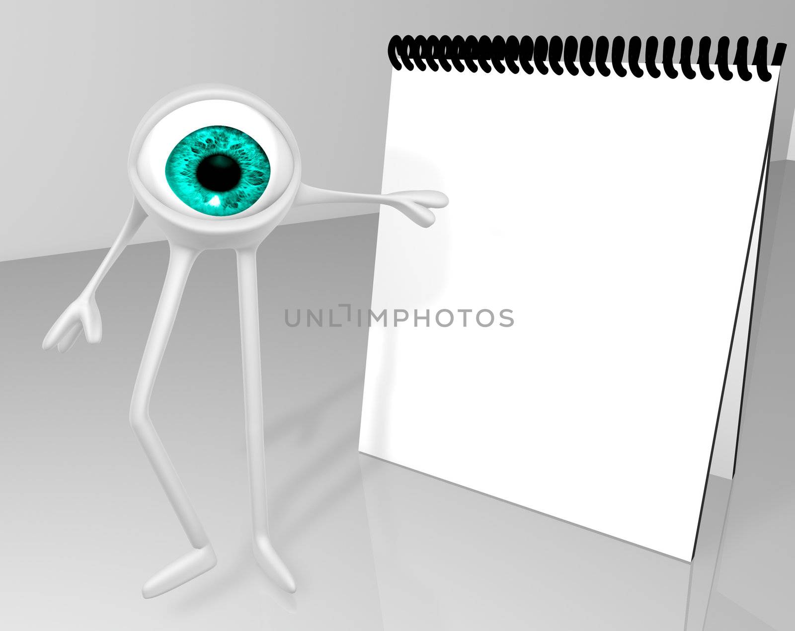 eye  with arms and legs  to point a empty  notebook