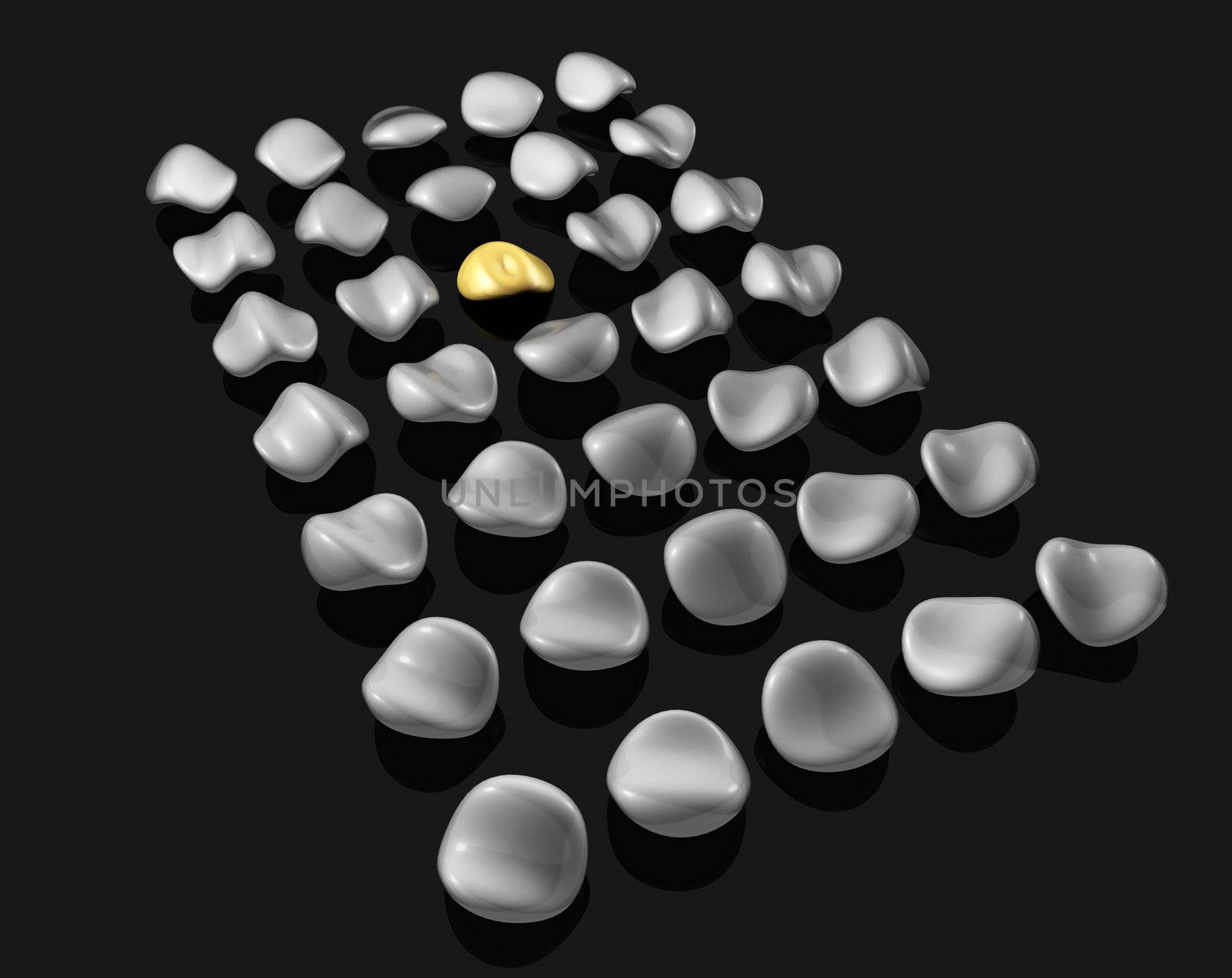 abstract composition of gray stone with a gold nugget in a black floor