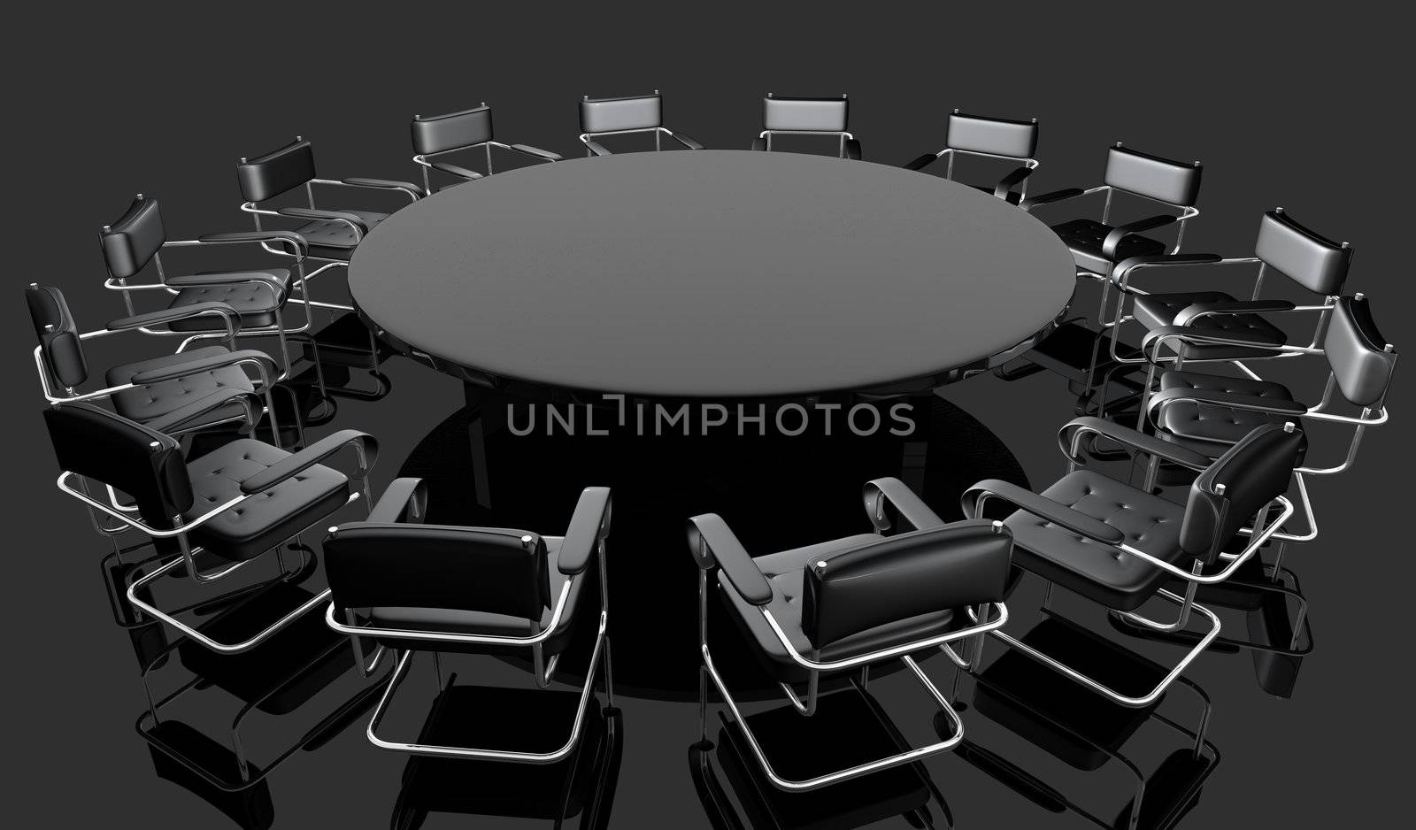 Black round/negotiating table in a black background