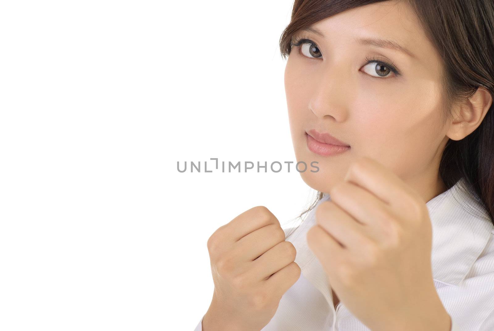 Fight concept of Asian business woman on white background.