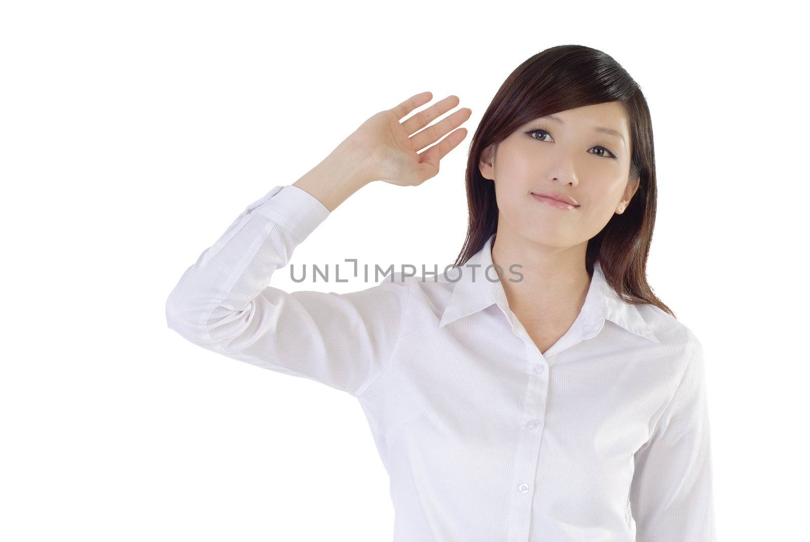 Asian businesswoman raise hand on white background.