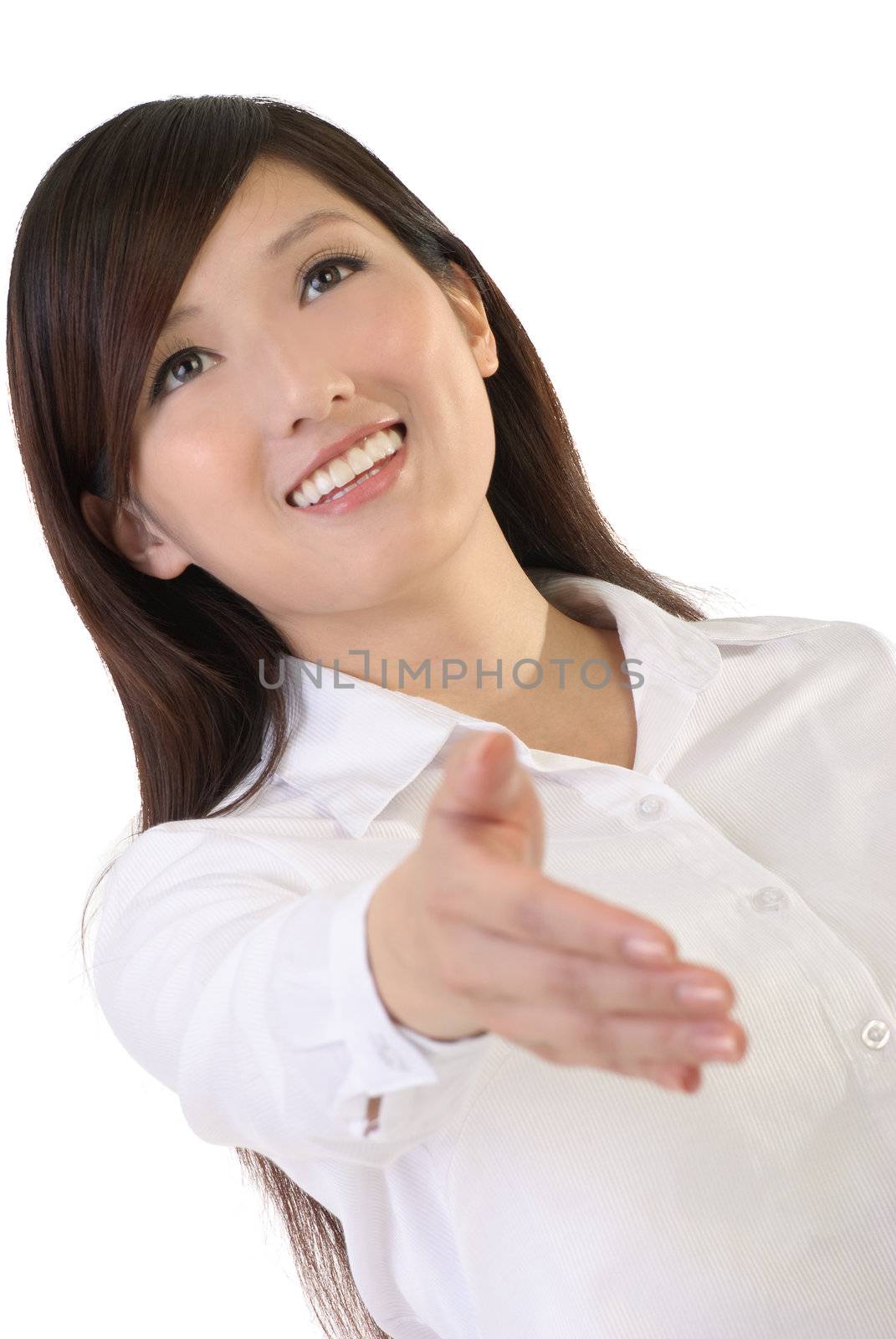 Asian business woman shake hand on white background.