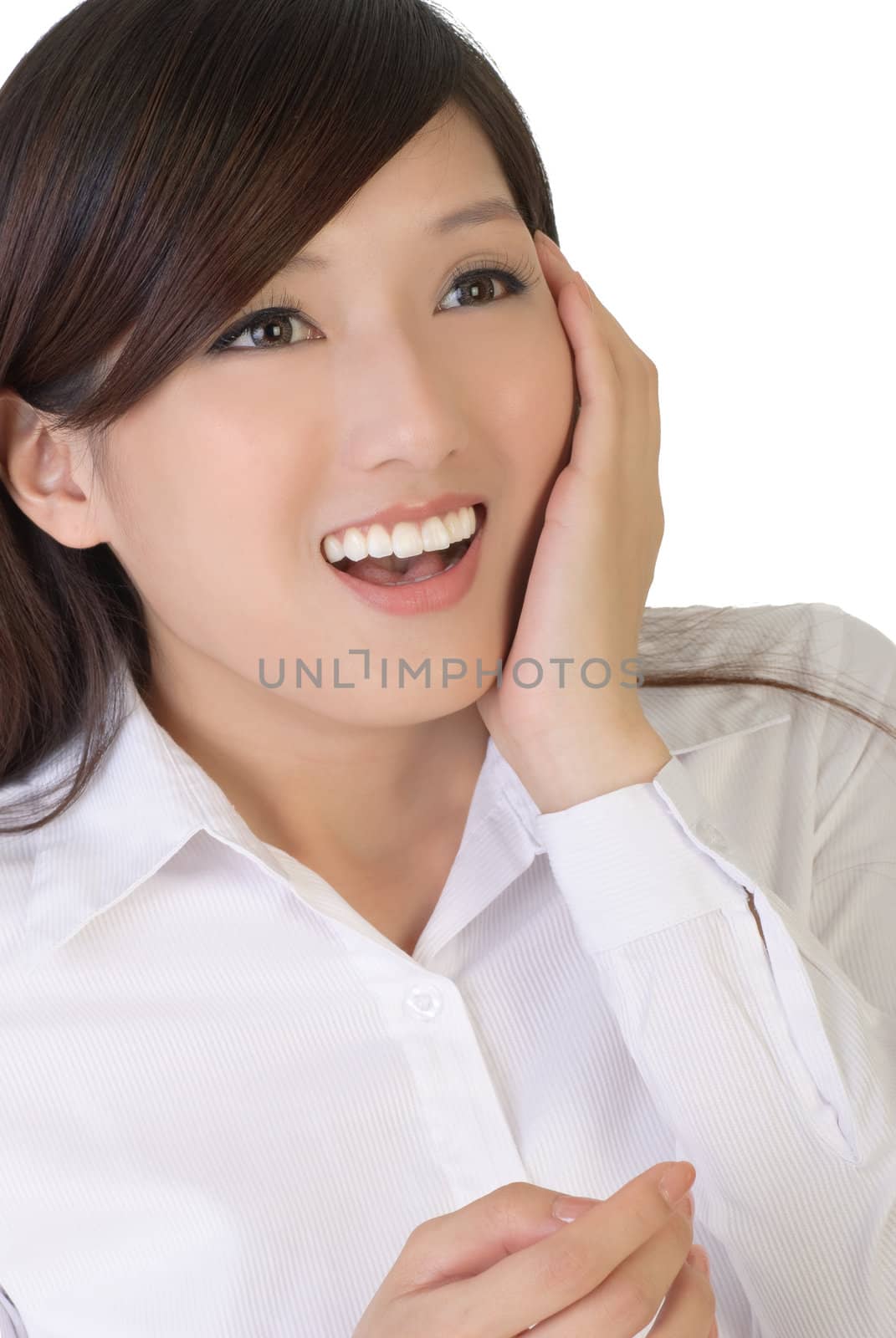 Asian businesswoman with surprise expression and put hands on face.