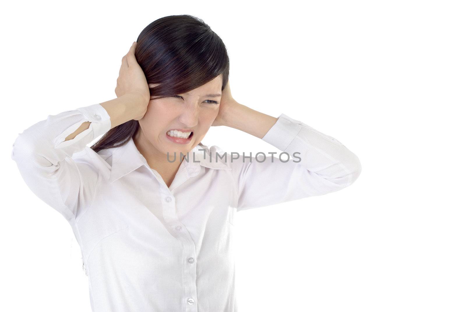 Business woman under stress on white background.