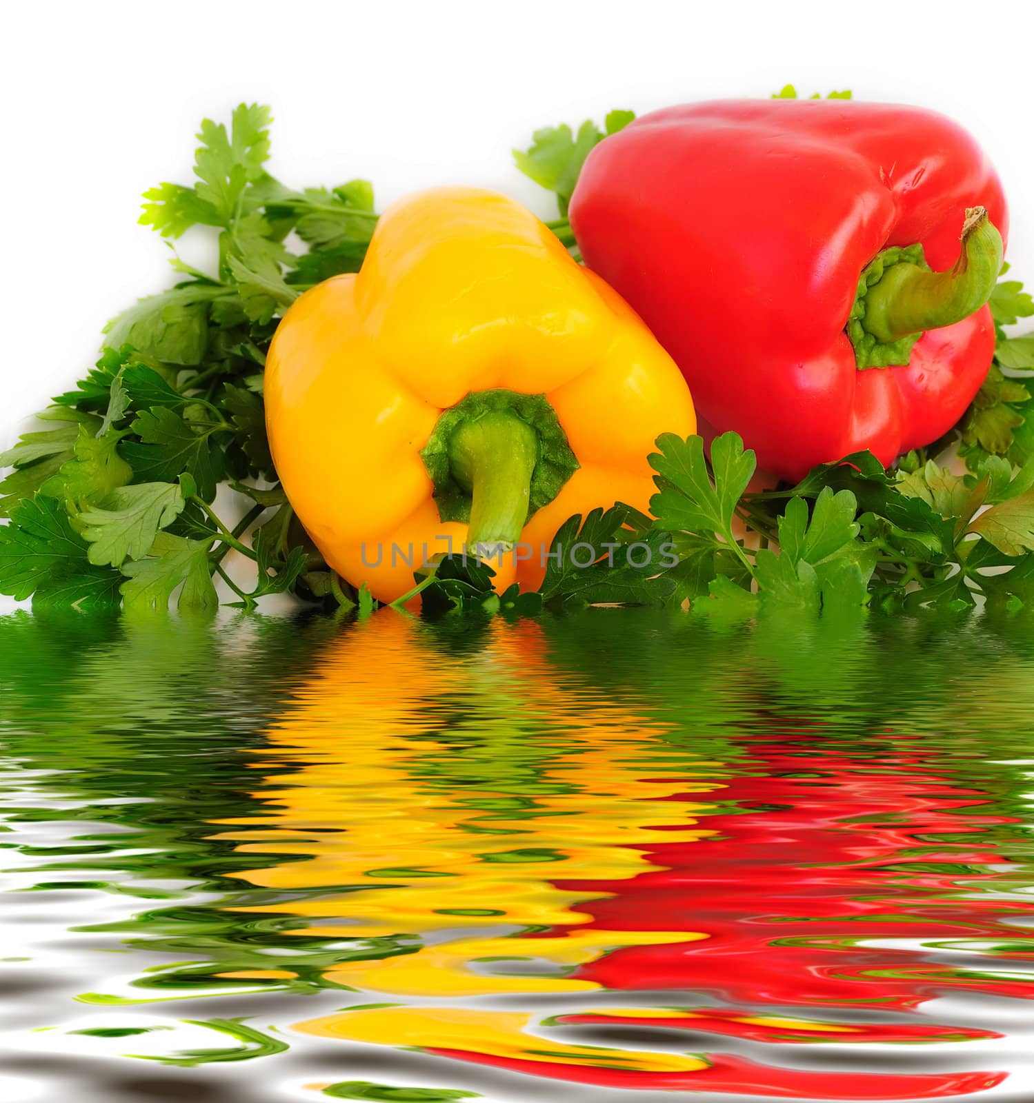 two sweet peppers (paprika), parsley and reflection in water