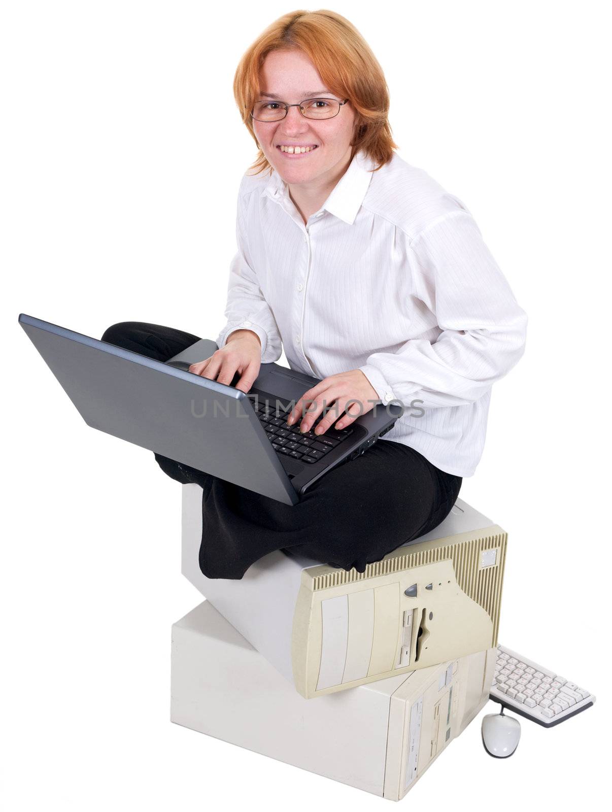 Girl working on the laptop on a white background