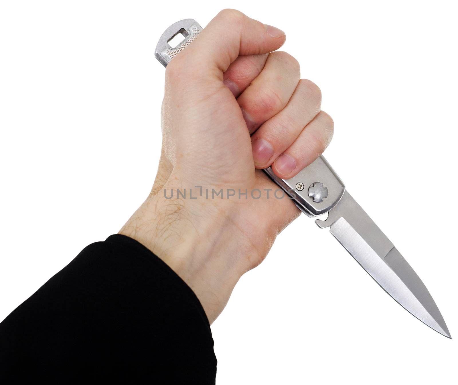 Man's hand with a knife on a white background