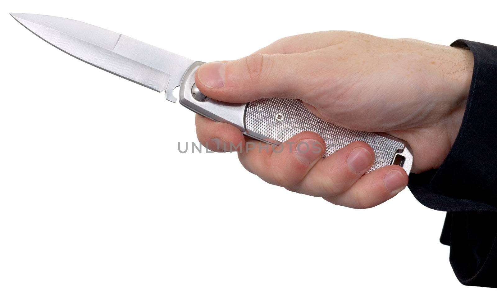 Man's hand with a knife on a white background