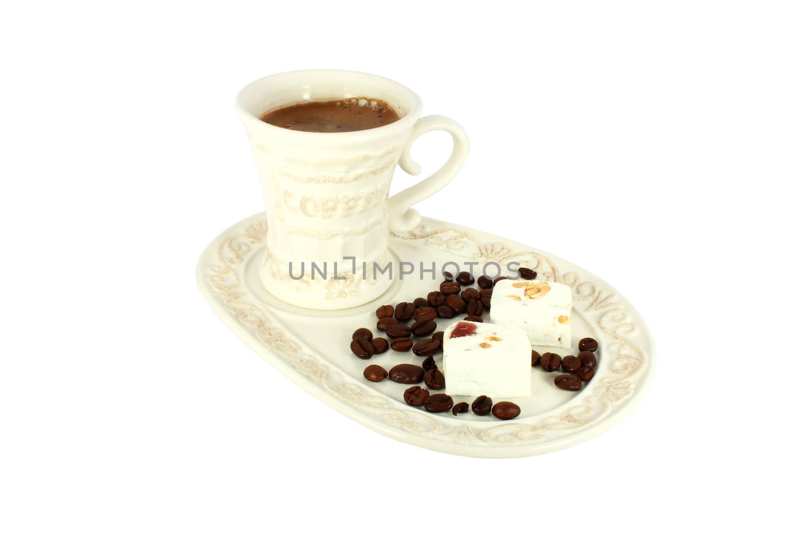 Cup of coffe with cakes isolated on white