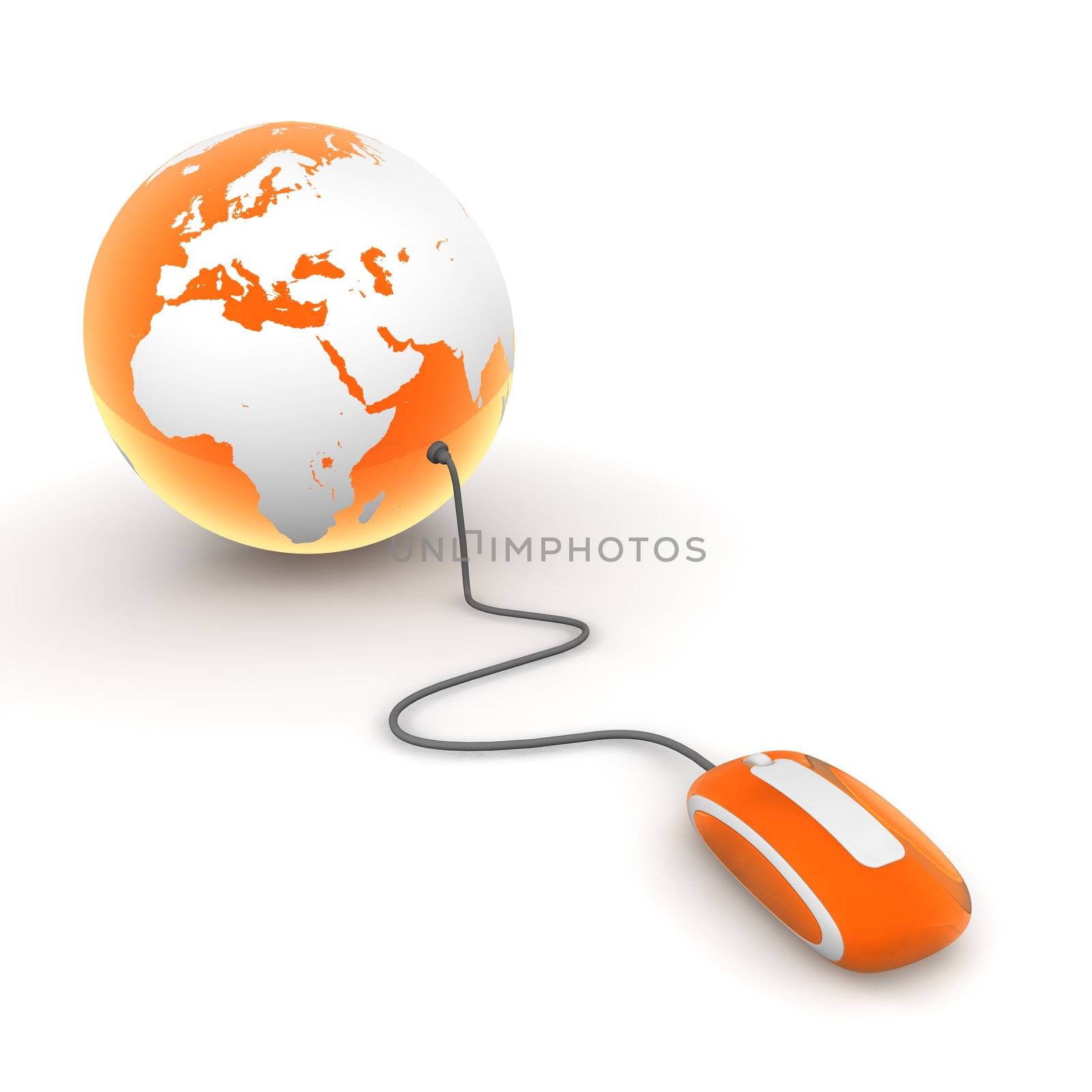 green translucent computer mouse connected to a orange glossy globe