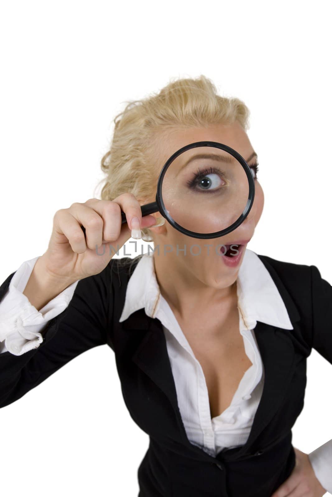 magnified eye of woman on white background
